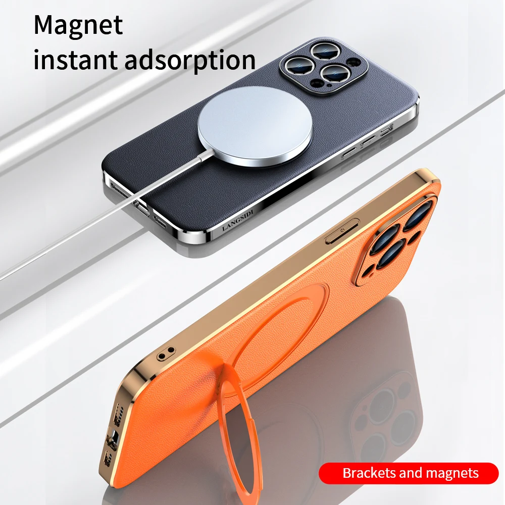 Magnetic Leather for Magsafe Case for iPhone 15 12 13 14 Pro Max 15Pro 14Pro Ring Luxury Lens Protection Holder Phone Back Cover