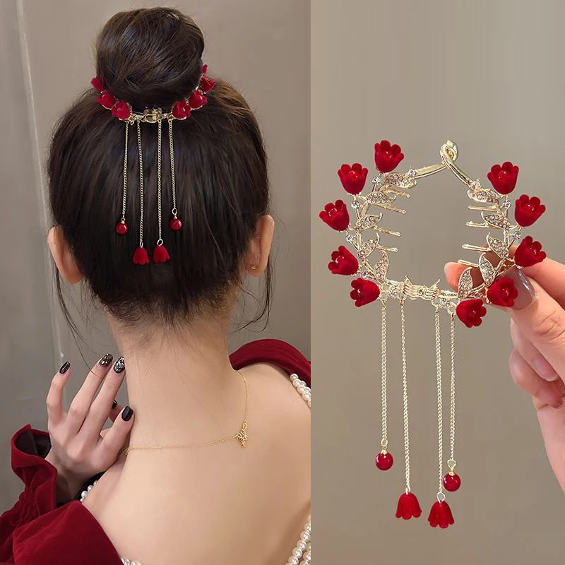 1 Stück Quaste Kamelie Haar Kralle Clip Pille Kopf Pferdes chwanz Schnalle Haars pange Glocke Orchidee Twist Haars pange Frosch Schnalle Haar griffe – Detail 2