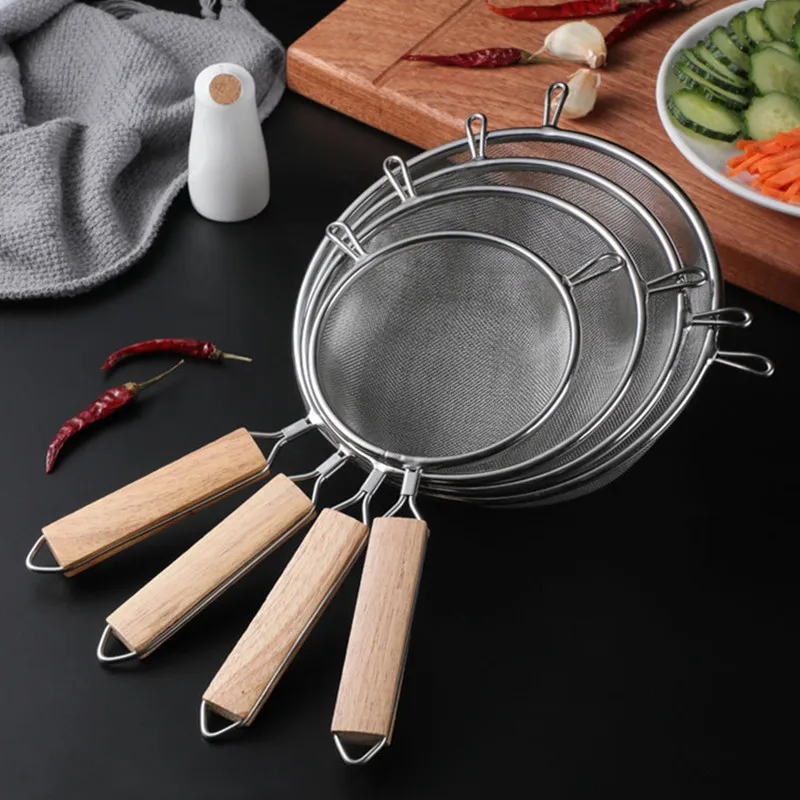 

Kitchen Multi-functional Strainer Stainless Steel Filter Spoon with Wooden Handle Fried Food Gadgets Tool Wire Fine Mesh