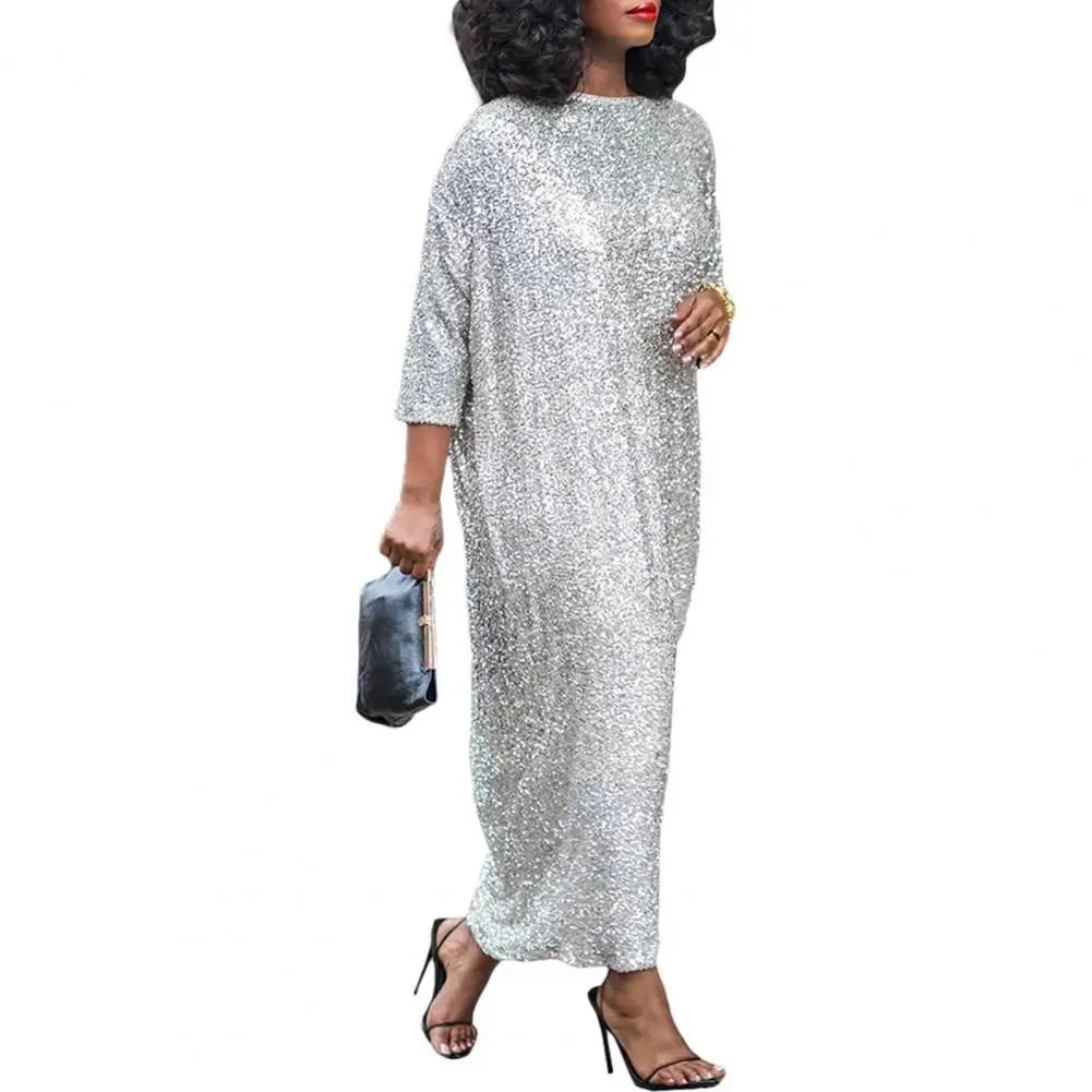 

Women Dress Elegant Sequin Maxi Dress with Three Quarter Sleeves Soft Pullover Style Ankle Length Women's O Neck Shiny Commute