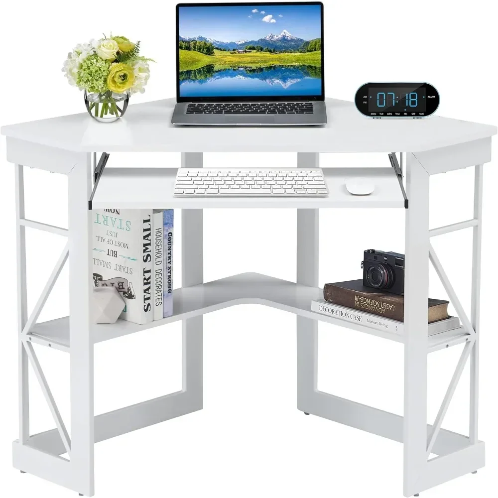 

Corner Computer Desk 41 X 30 Inches with Smooth Keyboard & Storage Shelves for Home Office Workstation, White, Free Shipping