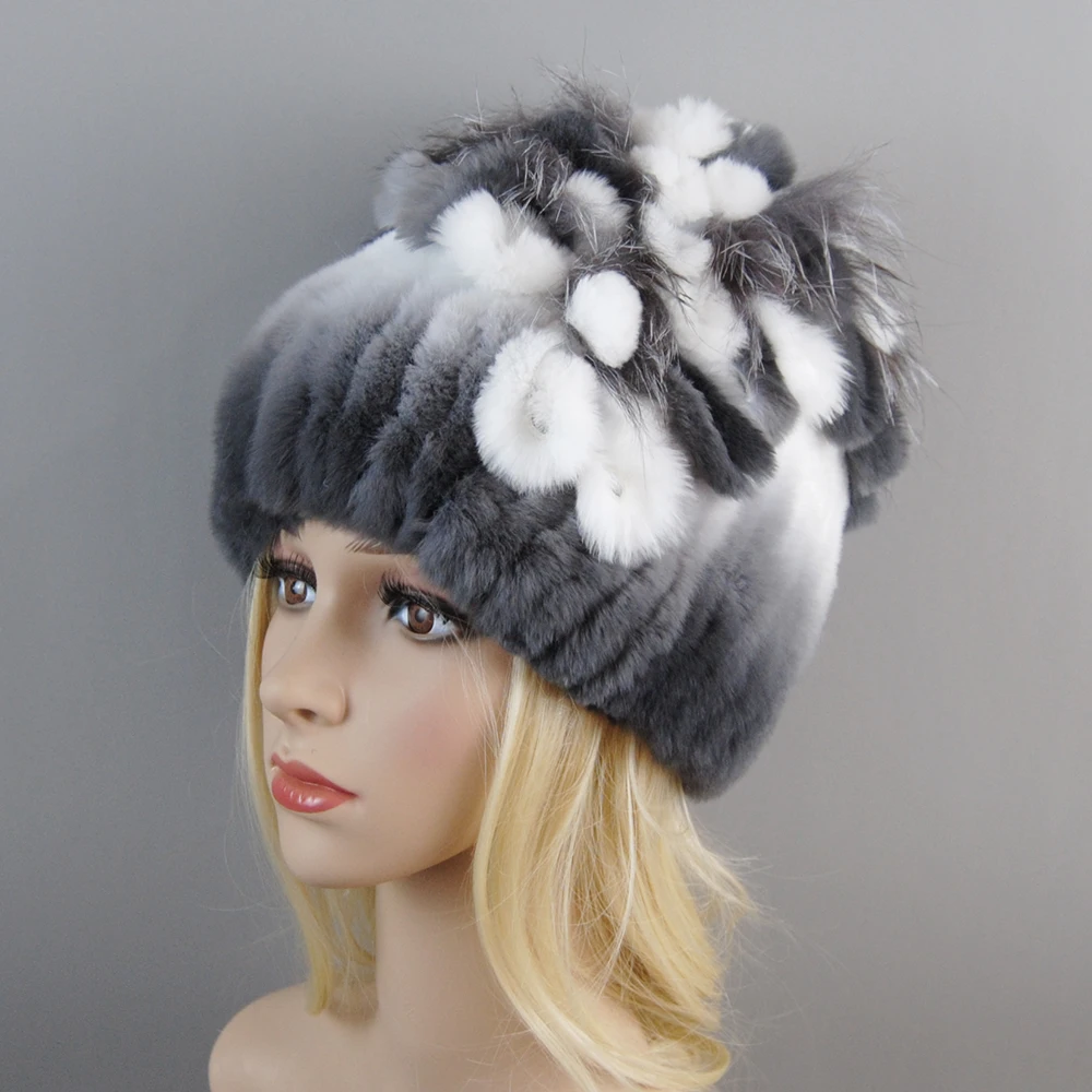 2025 Brand Women Genuine Rex Rabbit Fur Hats Winter Rex Rabbit Fur Beanies Striped Top Flower Fox Fur Warm Real Fur Knit Caps 5