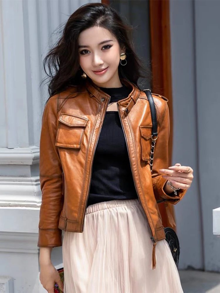 

Spring Women's Khaki Genuine Sheepskin Leather Coat Slim Black Genuine Leather Jacket Coat