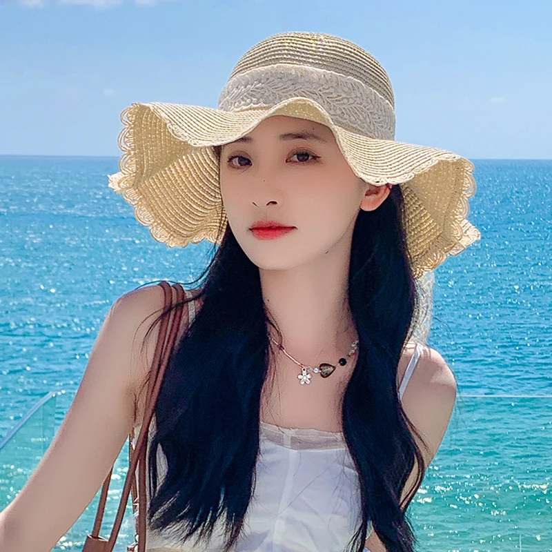 여성용 빨대 모자, 용수철 여름 레이스 활, 통기성 접이식 햇빛가리개 캡, 비치 캡, 달콤한 어부 모자, 1 개