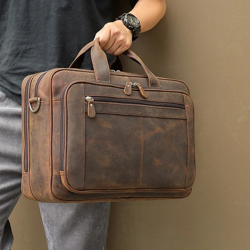 Crazy Horse Leather Business Laptop Bag for Men