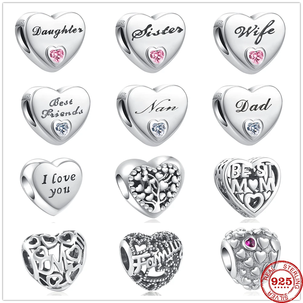 

Heart Shape 925 Sterling Silver Daughter Sister Dad Nan Wife Mom Beads Fit Original Charms Pandora Bracelet Bead DIY Jewelry