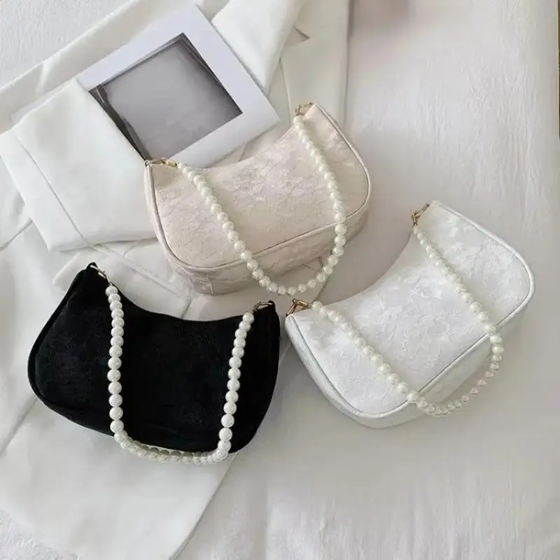 1Pcs Female Storage Travel Bag Shoulder Bags Vintage Women Bag Lace Flower Solid Color Pearl Chain Shoulder Underarm Handbag