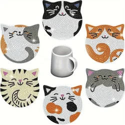 DIY Rhinestone Cat Mosaic Coaster Set - Wooden Non-slip Placemats for Home Decor (Set of 6) (AA1625)