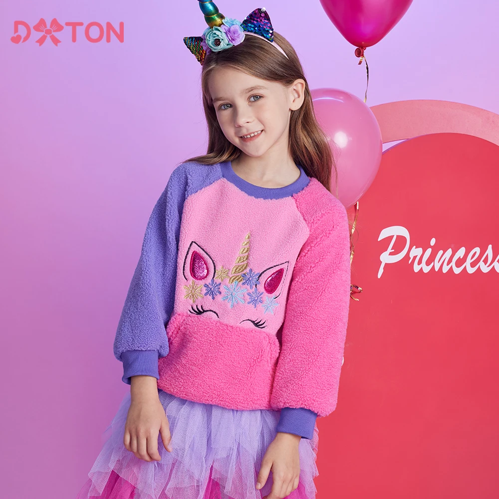 

DXTON Children Warm Tops Polar Fleece Toddlers Sweatshirts with Pocket Contrast Color Cartoon Girls Casual Outerwear Clothing