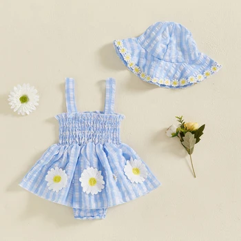 BeQeuewll Princess Baby Girl Plaid Romper Dress with Hats Summer Sleeveless Floral Embroidery Cami Jumpsuit Newborn Clothes 1