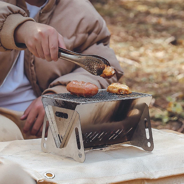 Camping Outdoor Wood Burning Stove with Grill Plate Portable Folding  Stainless Steel Backpacking Cooking Hiking BBQ Easy Stove - AliExpress