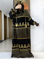 New 2025 Golden Shining Cotton Ramadan Abaya for Muslim Women Dubai Turkey Style Islamic Prayer Kaftan Dress with Two Hats