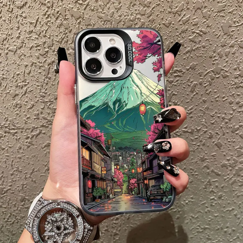 Neue Fuji-Berg-Straßenansicht Laser-Handyhülle für iPhone 17 15 14 Pro Max Plus 16 Pro Max 13 12 Mini 11 Pro Max Stoßfeste Schutzhülle – Detail 4