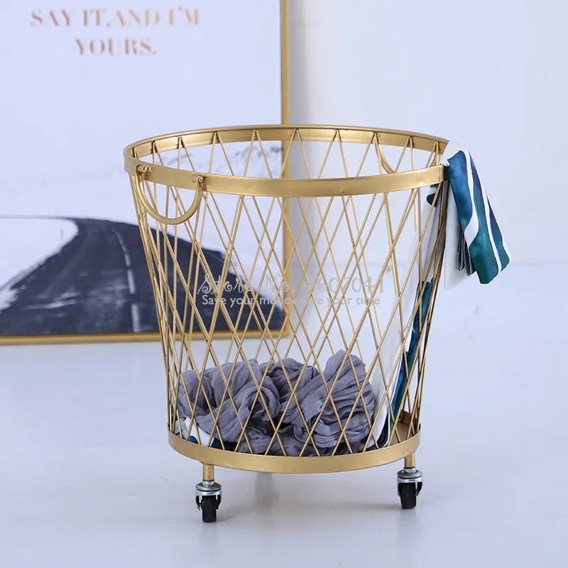 

Creative Golden Iron Laundry Basket with Wheels Hollow Handle Metallic Lacquered Dirty Clothes /Toy Storage Box Home Organizer