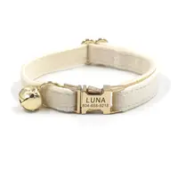 Personalized Cat Collar with Bell, Customized Nameplate, ID Metal Buckle, Adjustable Cream White Velvet Cat Collars with Bell 1