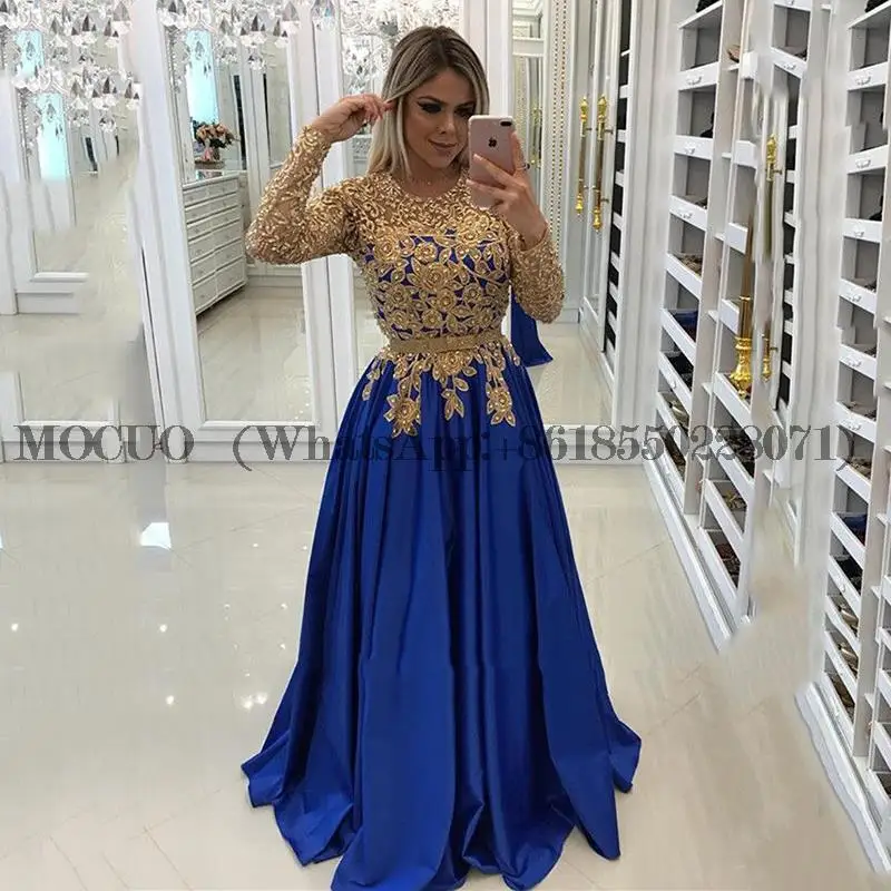 

Elegant Gold Lace Evening Dress 2023 Appliques Long Sleeve Evening Party Gown Prom Dress Vestido de Formatura Longo