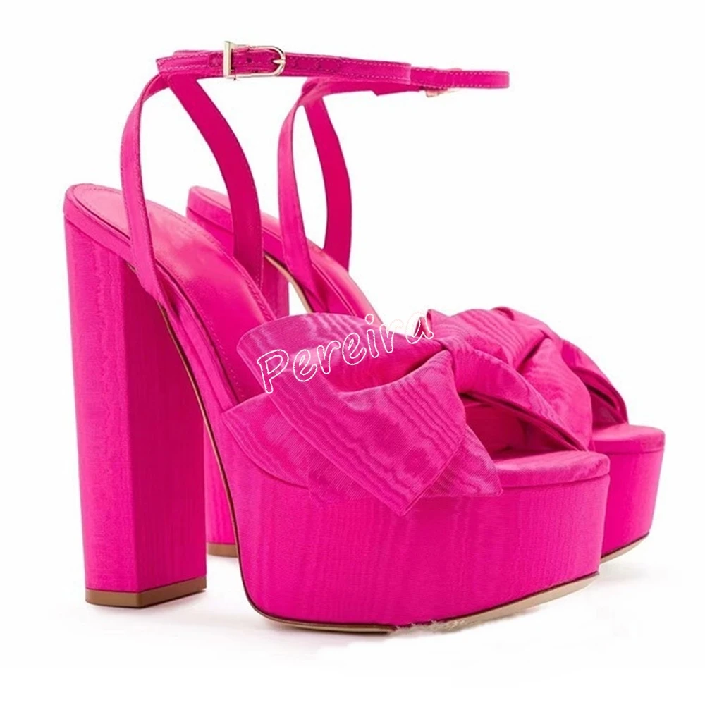 

News Rose Red Bow Sandals Summer Platform Round Toe Chunky High Heel Ankle Strap Buckle Sexy Party Fashion Sweet Shoes For Women