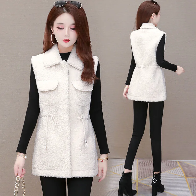 

Plush Vest Autumn Winter Clothes Women Coat Slim Mid length Korean Version Loose Fit Versatile Thickened Outerwear Vest Coat