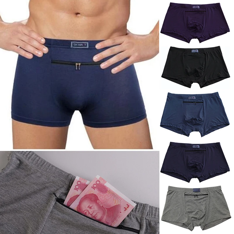 Men's Cotton Underwear Two Zippers Pockets Anti-Theft Breathable