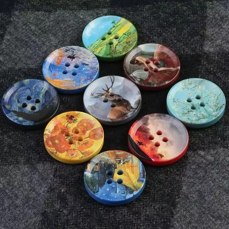 

10 Pcs Resin Oil Painting Button Printing Round Woolen Coat Suit Clothes Button Coat Sweater High-End Button