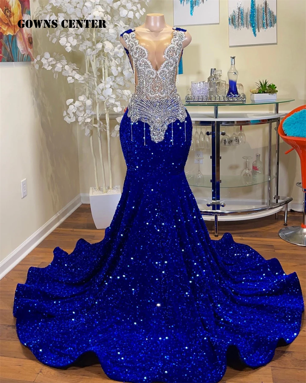 

Beautiful Royal Blue Sequin Silver Tassels Prom Dress for Wedding Sparkly Gillter Mermaid Birthday Reception Gown robe de bal