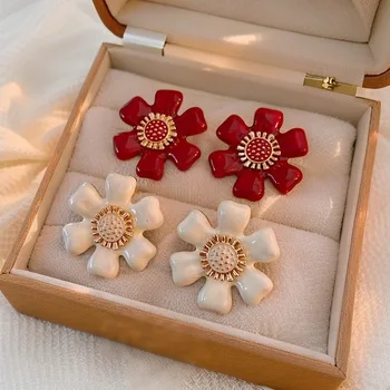 925 Silver Needle Korean Fashion Drip Oil Flower Earrings For Women Jewelry 2025 Trending New Women's Red Black White Earrings