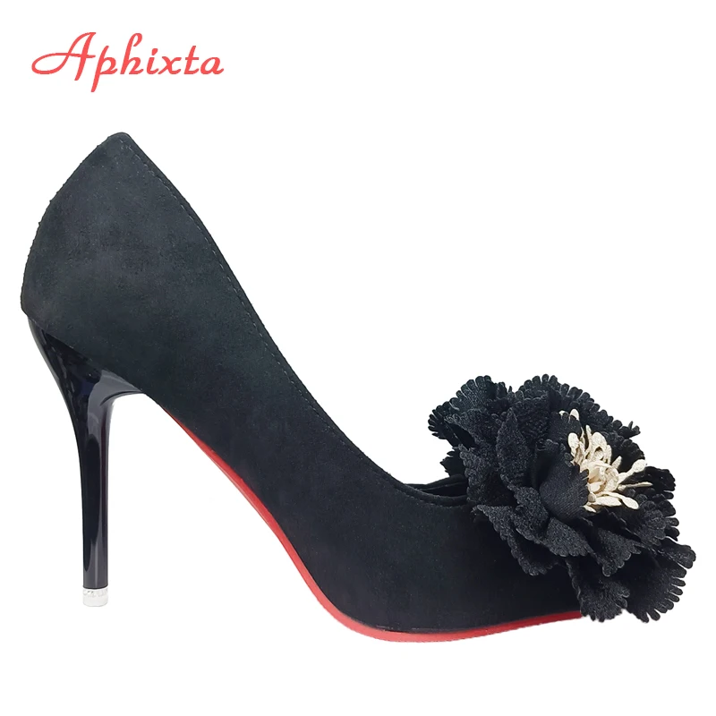 Aphixta Hot Sale Flowers Super Hight 10cm/12cm Stiletto Heels Pumps Sex Change Women Flock Office Casual Shoes Big Size 49 50