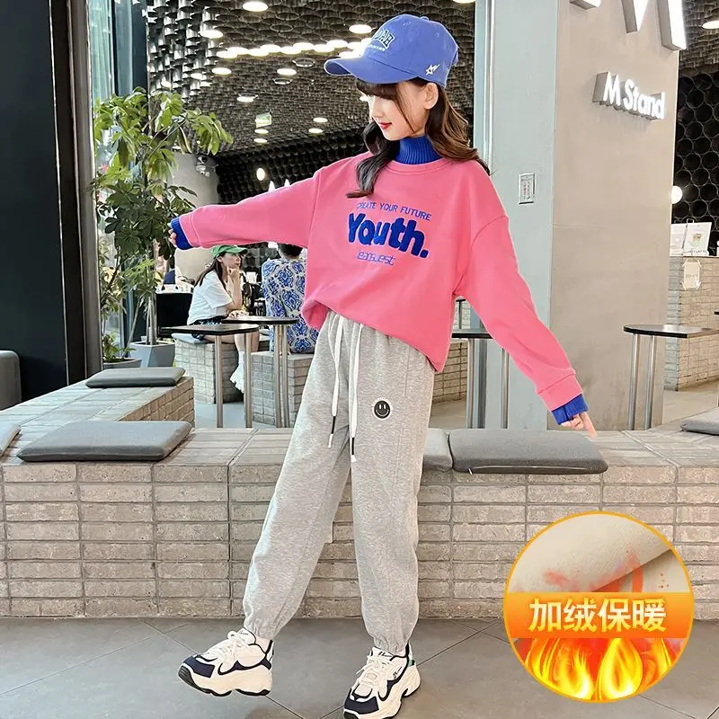

2022 Fleece Warm Winter Autumn Girls Cotton Suit Sweatshirts +Pants Thicken Teenager Tracksuit Sportswear Children Clothing