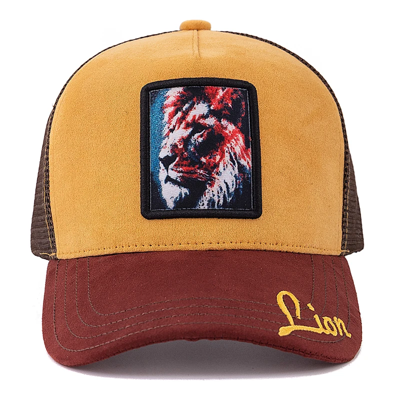 Hot Sale Unisex Mesh Cap Lion Pattern Patch Design Suede Hat Women And Men Summer Animal Baseball Cap Fashion Trucker Hat