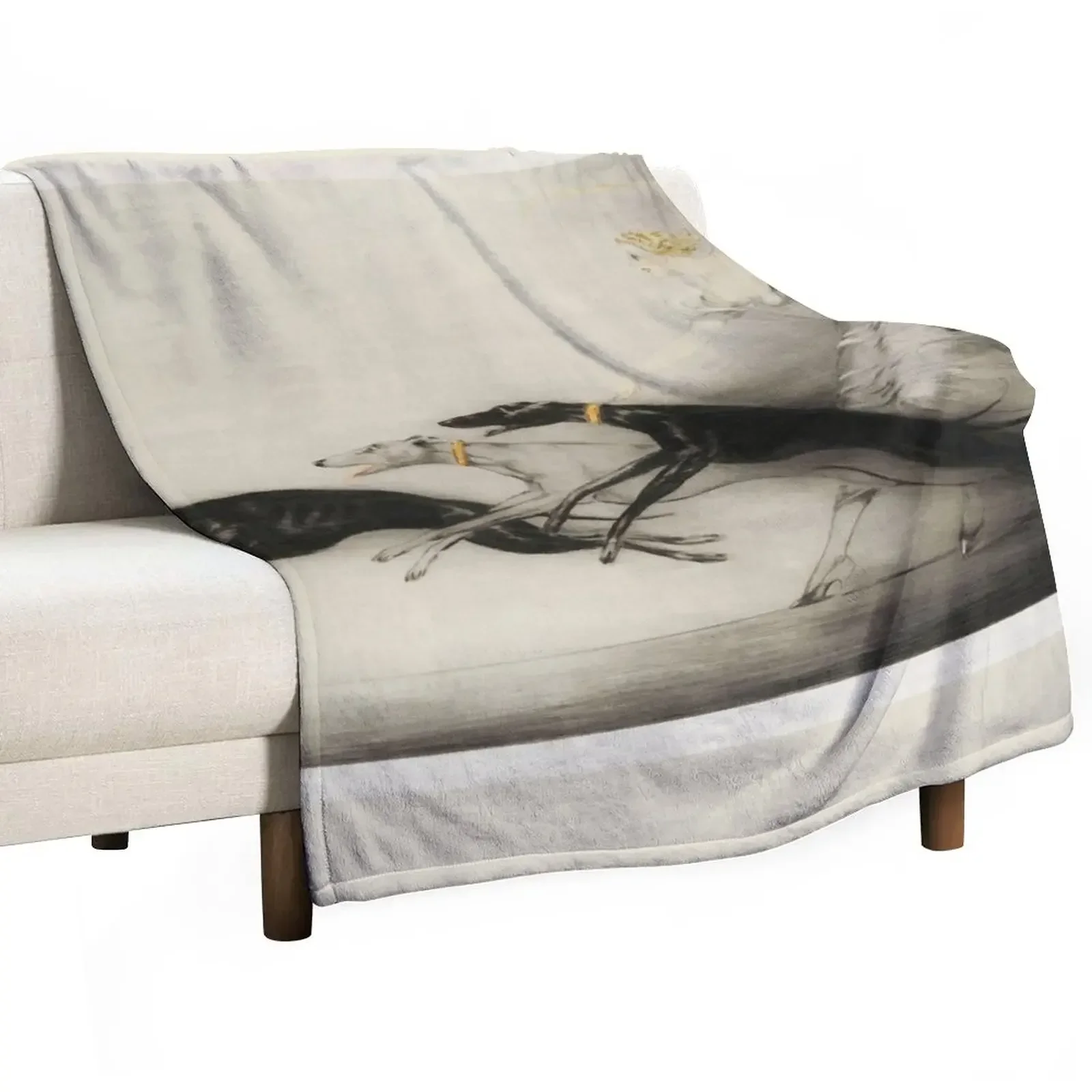

Vintage Art Deco illustration, woman walking her greyhound dogs Throw Blanket for sofa Flannels Blankets
