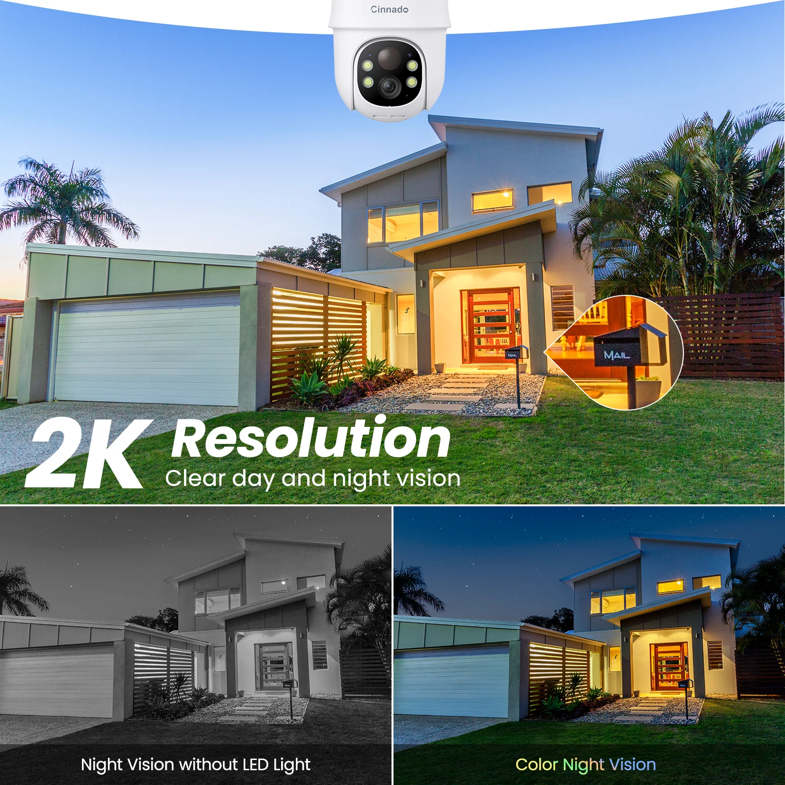 Cinnado 2K Solar/Battery Powered Cameras for 360&deg; Home Security, 2.4G WiFi Outdoor Camera Wireless, Human Detection