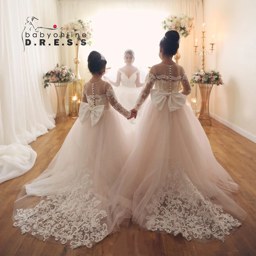 BABYONLINE Long Sleeve White Ivory Flower Girl Dresses V