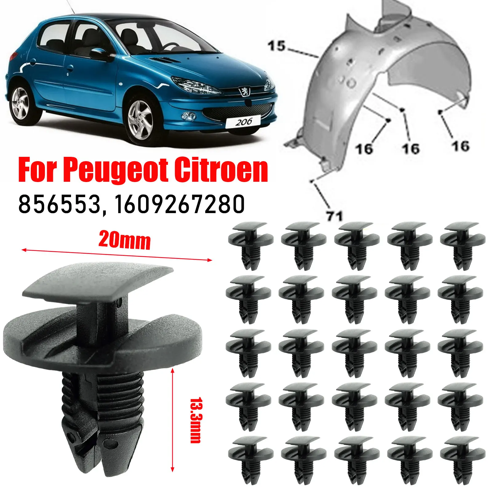 Für PEUGEOT 206 207 307 308 Citroen C3 C4 C5 C6 Stoßstange Kotflügel Radhaus Montage Zierleiste Clip Befestigungen Nieten – Detail 1