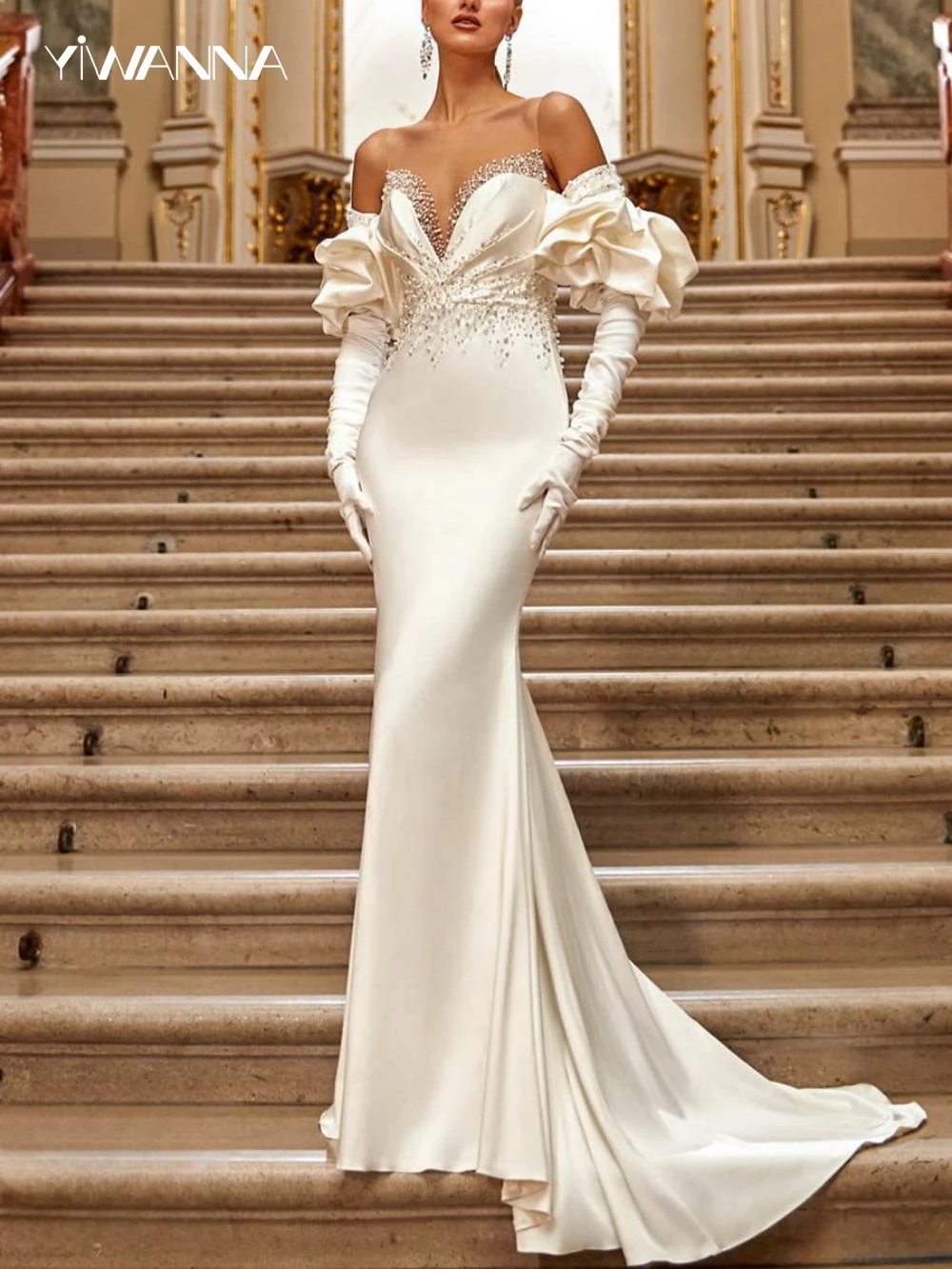 

Graceful Off The Shoulder Wedding Dress Sparkly Pearls Bride Robe Classic Satin A-line Long Bridal Gown Robe De Mariée
