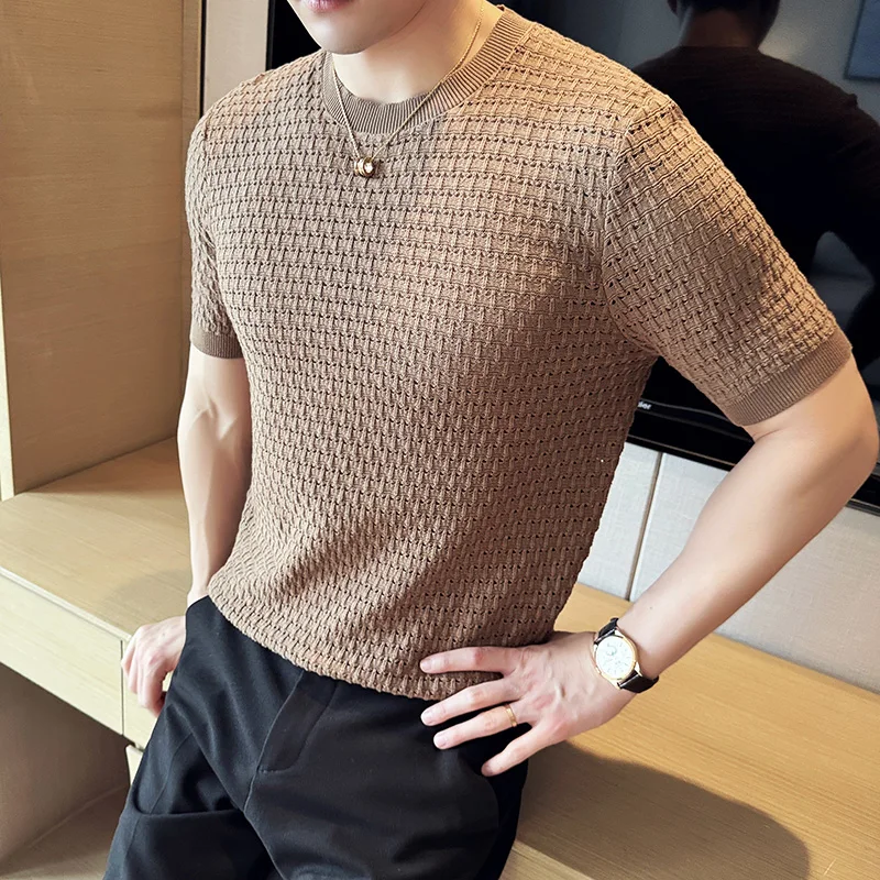 Summer Ice Silk Hollow Knitted T-shirts Men Round Neck Short