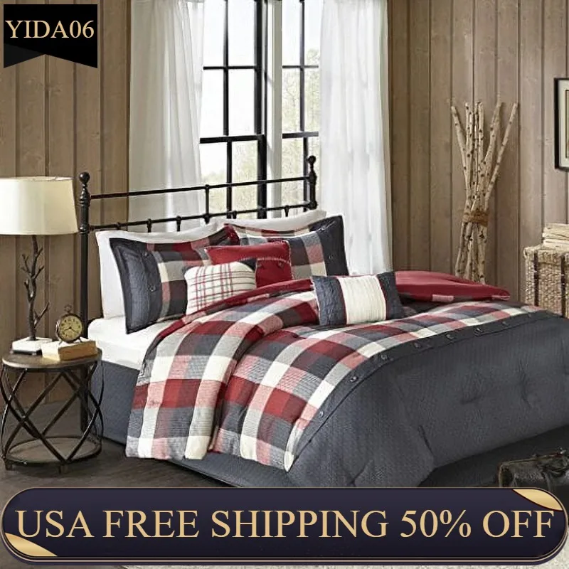 

Home Essence Warren Red Herringbone Plaid 7 Piece Comforter Set, Cal King bedding