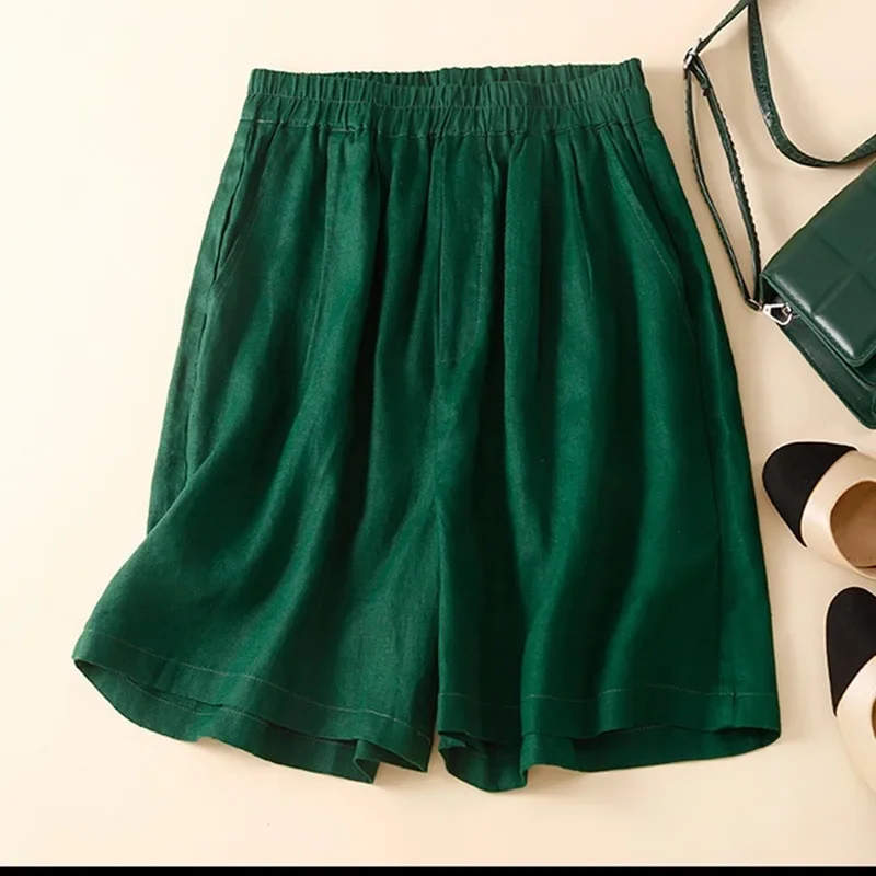 New Plus Size Women's Pants Cotton Linen Elastic Waist Slimming Bell Bottoms Casual Versatile Solid Colors Shorts Summer