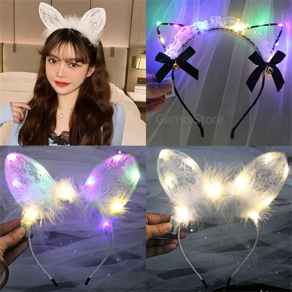 

1pc Luminous Headwear Bell Cat Ear Headband Lace Feather Rabbit Ear Headdress Cosplay Luminous Headdress Glow In The Dark