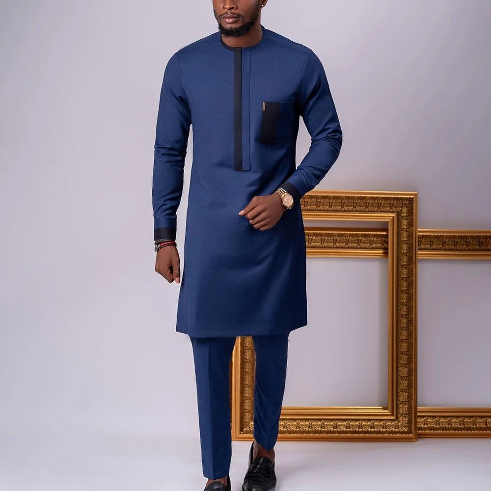 African New Men Set Crew Neck Gentleman Long Shirt And Social Casual Pants Two Pieces Wedding Party Wear Men Clothing Suits 2022 men s new traditional native mens pant suits solid color long gentleman mature modern ethnic african shirt