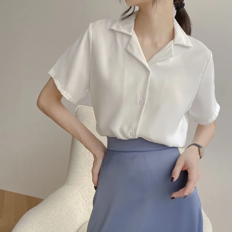 

Notched Shirts Women All-match Summer Elegant Office Ladies Korean Fashion Short Sleeve Harajuku Temperament Blusas Casual Ropa