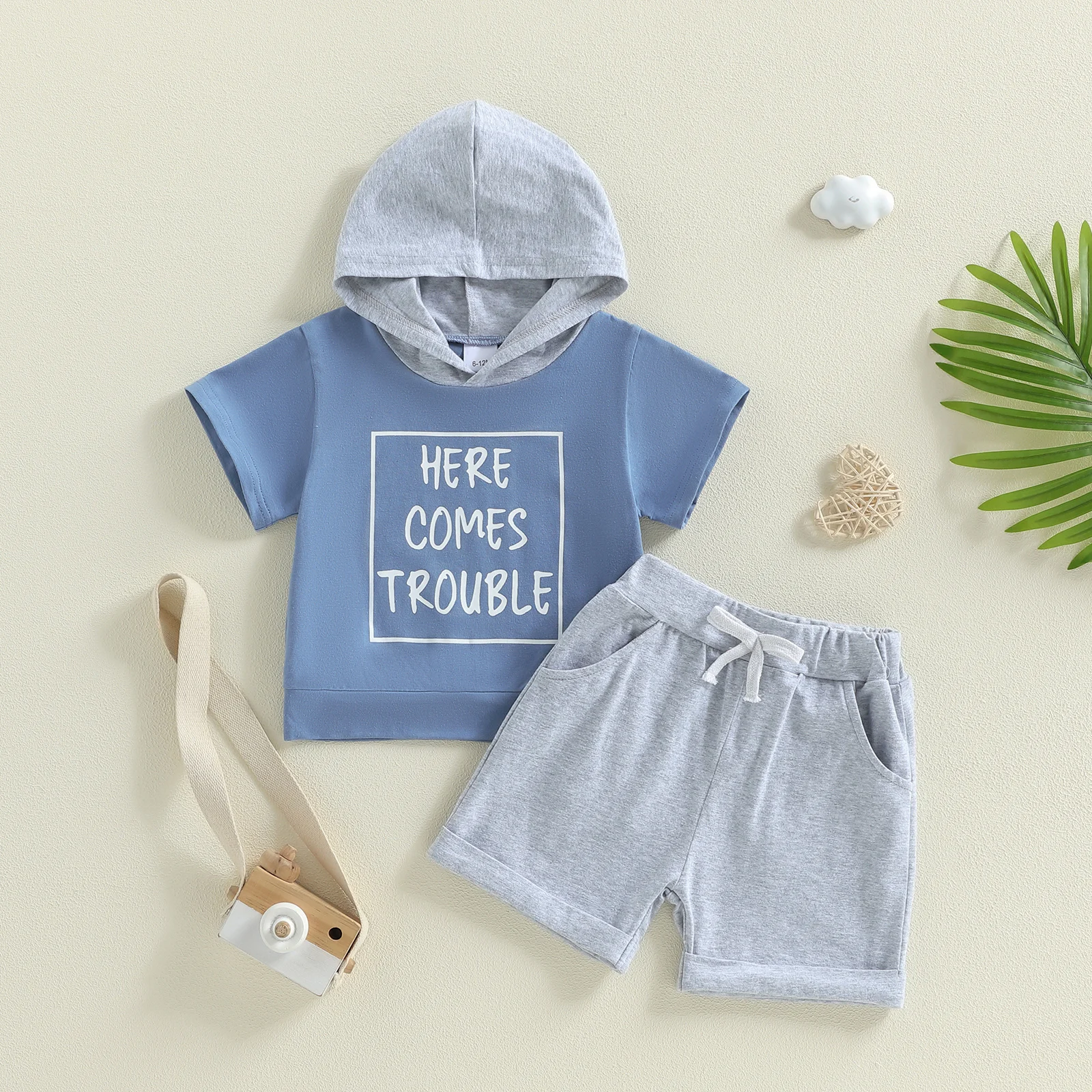 Boys 2-Piece Summer Outfit Set with Short-Sleeve Hooded Top and Printed Shorts for Toddlers Letter Print Design