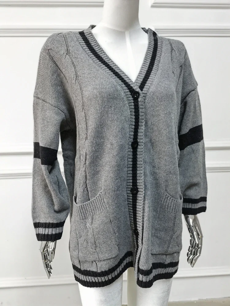 Long Sleeve V Neck Preppy Style Knit Sweater Women Autumn