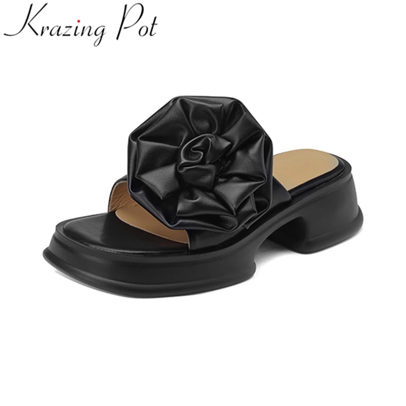 

Krazing Pot Fashion Genuine Leather Flower High Heels Mules Concise Slingback Summer Shoes Solid Dating Women Outside Slippers