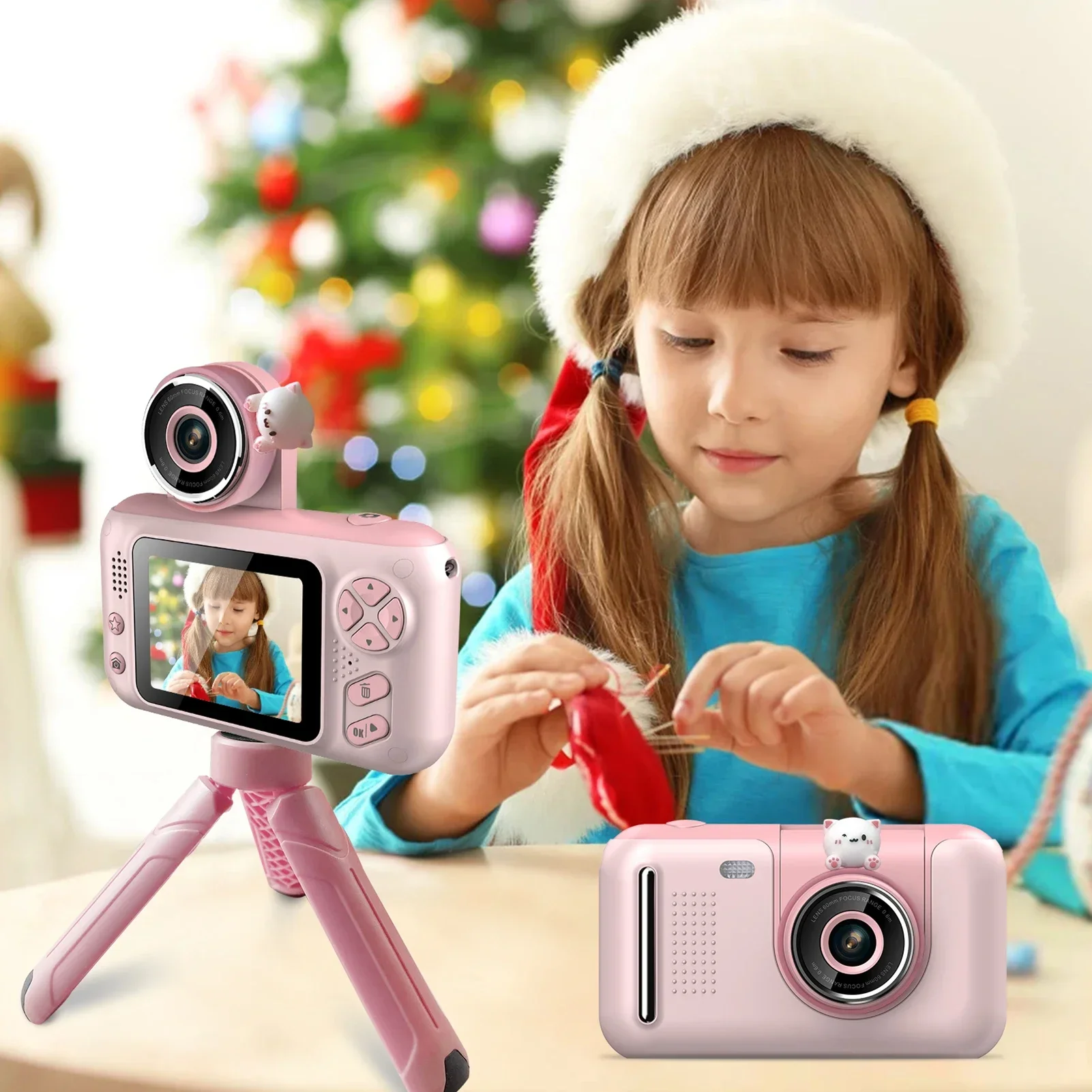 

2.4 Inch IPS Screen 180° Rotatable Lens with Neck Strap 1080P Kids Digital Camera 32G Card Tripod Birthday Christmas Gift 40MP