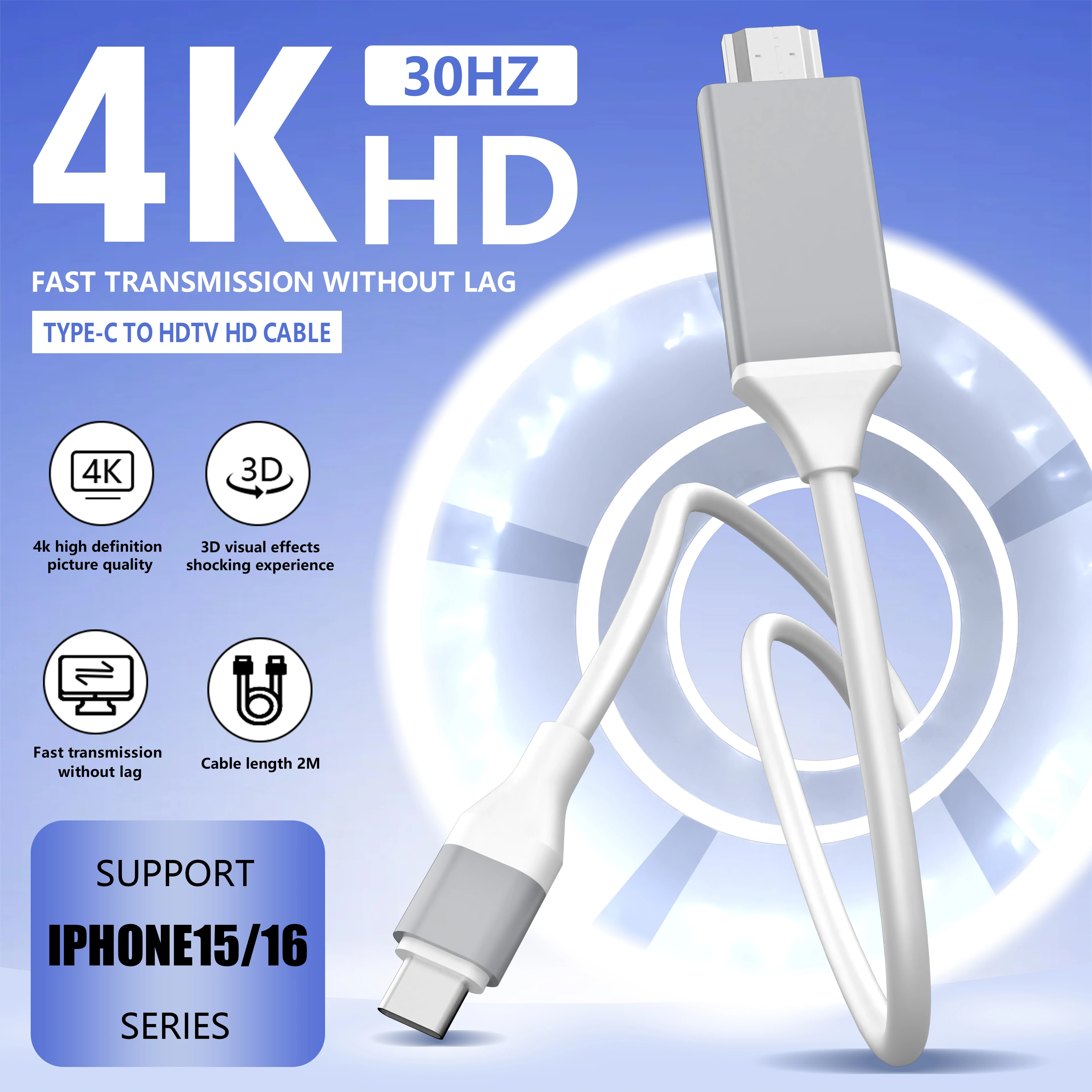 2m/6.56ft USB-C to HDMI Cable Type-C to HDMI Cord Converter 4K30Hz Video Output Type-C Dongle for Phone/Laoptop/Tablet/Pad cable converter