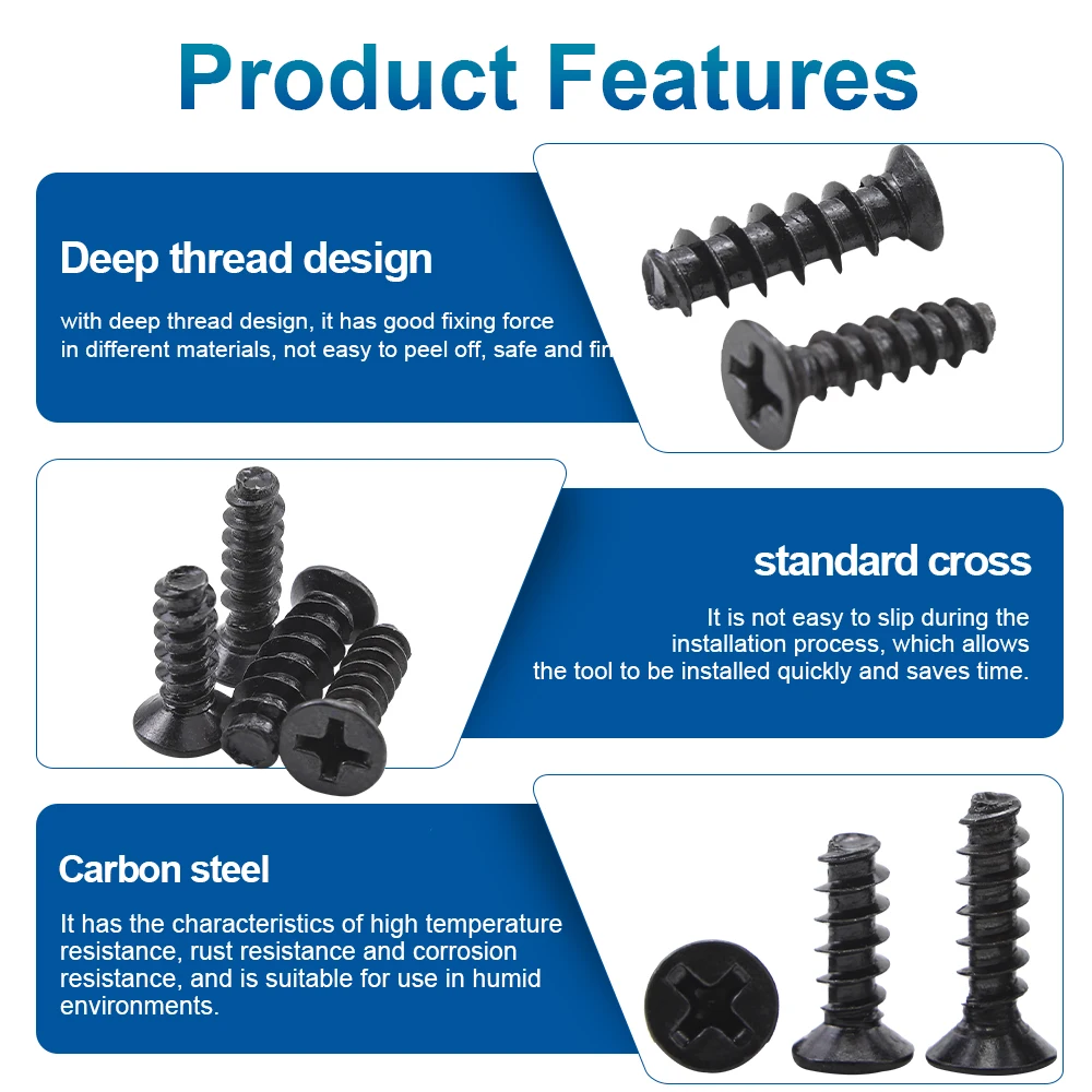 Cross Flat Head Self-tapping Screw 50-100pcs Flat Tail M2 M2.3 M2.6 M3 M4 Black Plated Steel Phillips Tapping Screw for Plastic