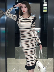 Fashion Autumn Winter Stretchy Clothes Knitted Dress Women Ladies Sweater Sweet Striped O-Neck Bodycon Mujer Robe Femme Vestidos