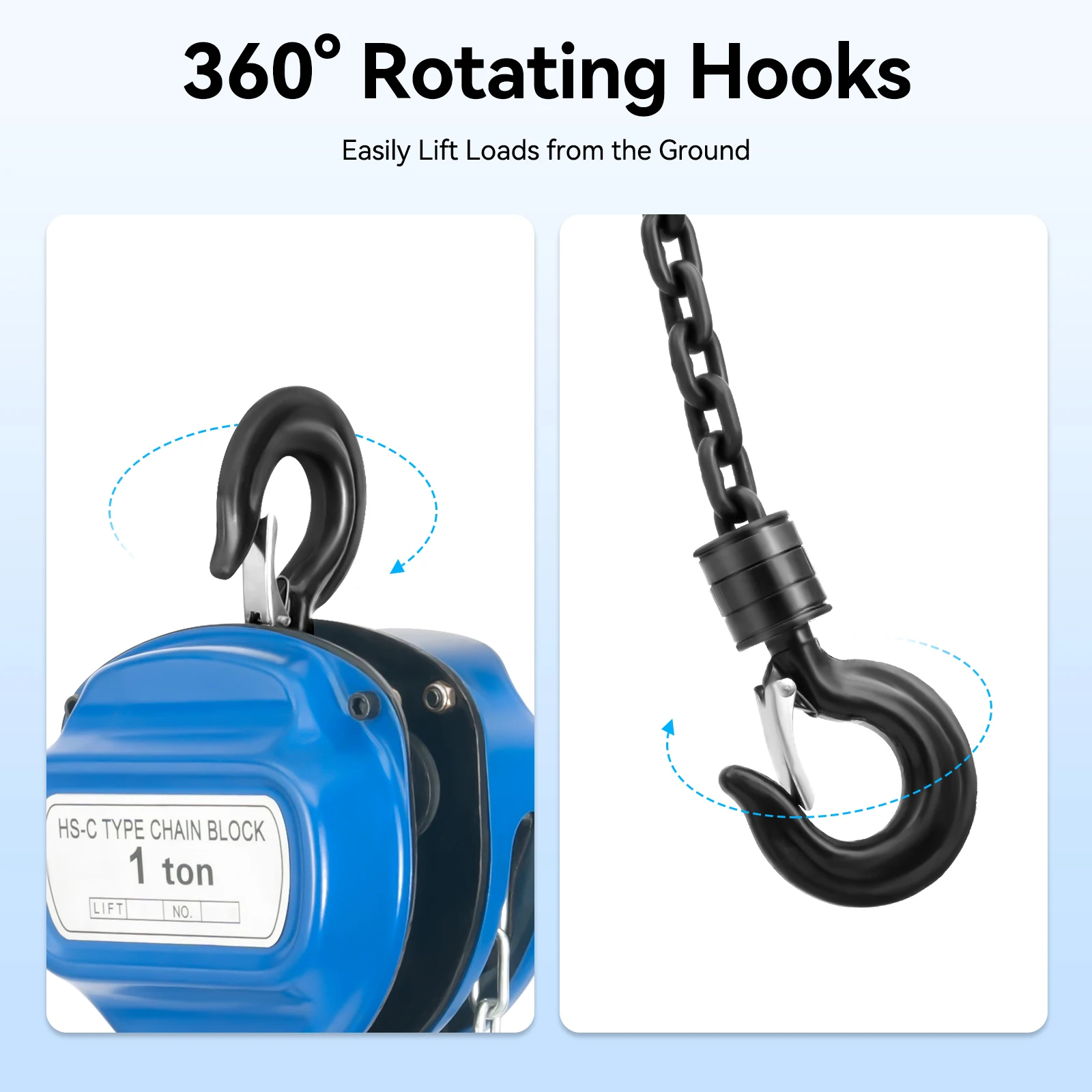 Professioneller Handkettenzug-Kran 1T / 1000 kg, Hebelzug, Kettenlänge 4 m mit 2 Haken, Manganstahl, 360-Grad-Drehgelenk – Detail 3