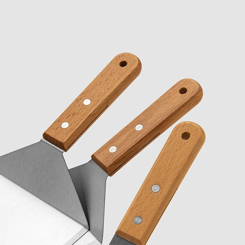 Stainless Steel Spatula, Hamburger Turner, Perforated Cooking Griddle Shovel, BBQ Fork with Wooden Handle, Cooking Barbecue Tool