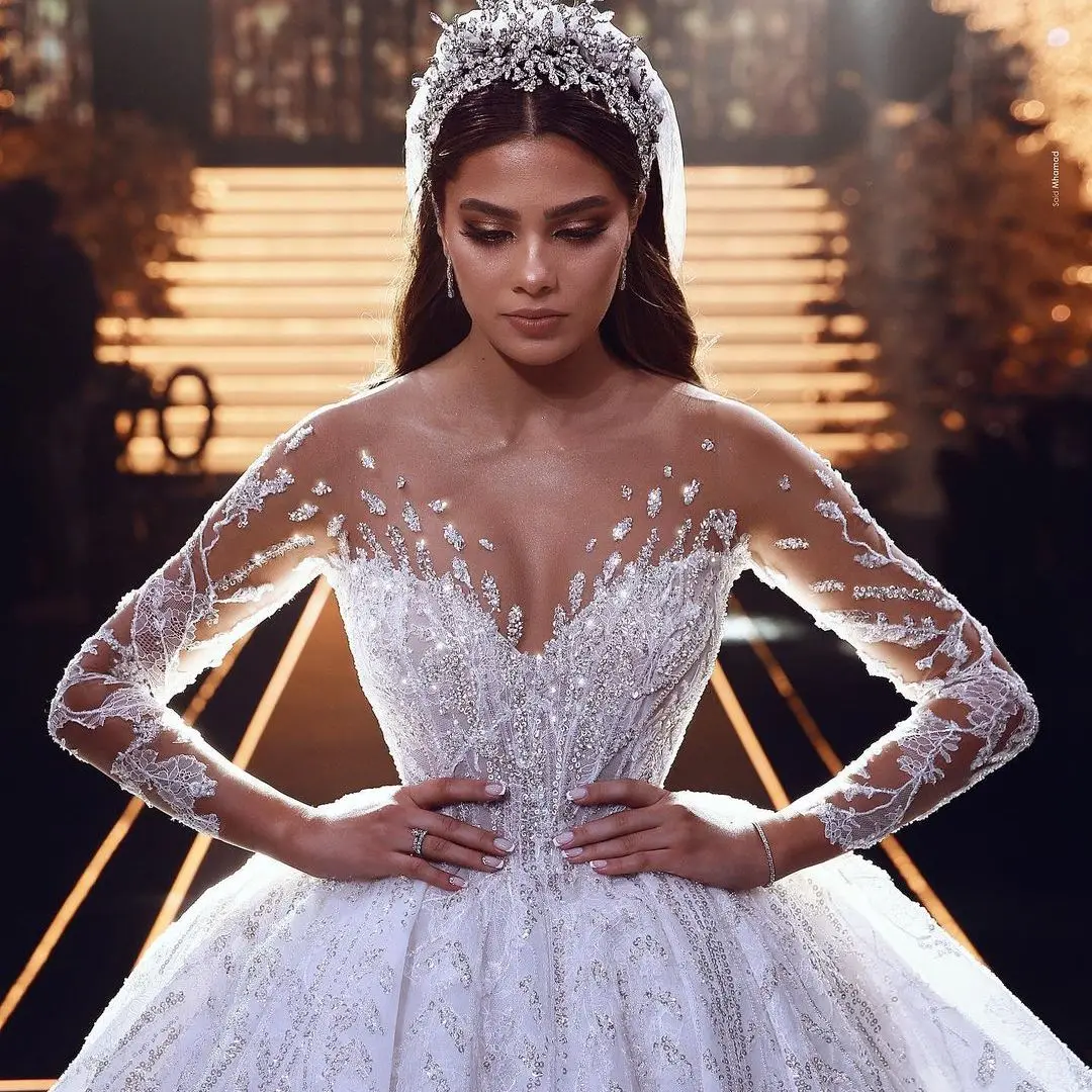 FATAPAESE Luxury Wedding Dress Sparkly Princess Dresses Glitter Beading Illusion Sleeve